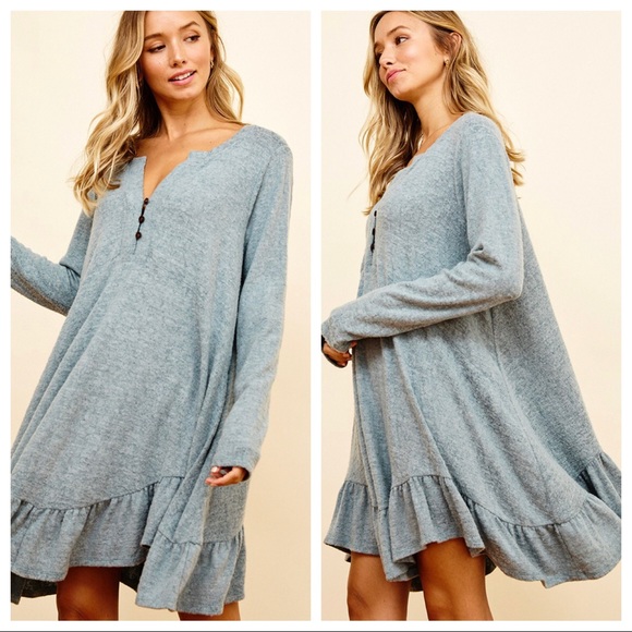 So Soft Cozy And Comfy Ruffle Hem Solid Tunic Dress - Picture 2 of 5